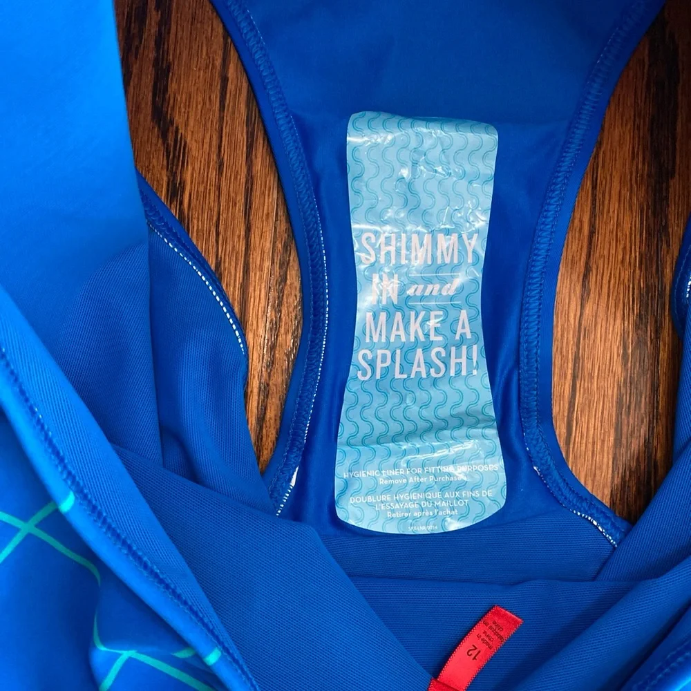 Spanx Flirty Skirted Swim Bottom Electric Blue Geo Bikini 12 NWT